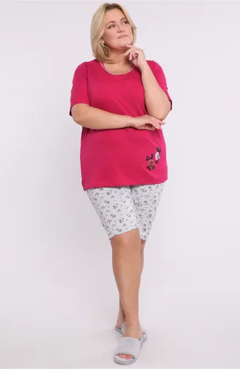 Pijamale roz, pantaloni scurți gri cu imprimeu floral