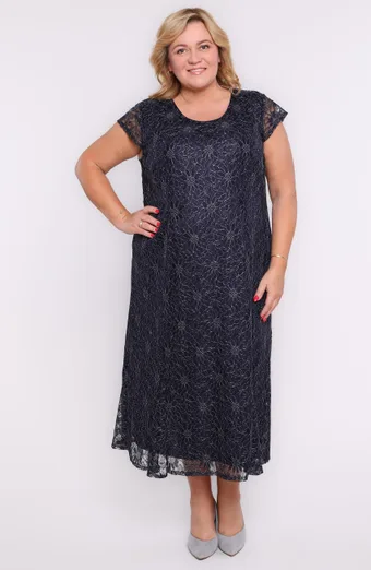 Rochie lungă bleumarin cu flori placate cu argint