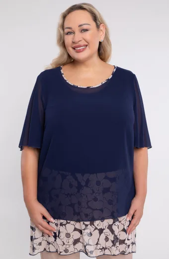 Tunică bleumarin cu flori bej