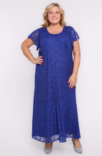 Rochie lungă din dantelă albastră, cu imprimeu floral