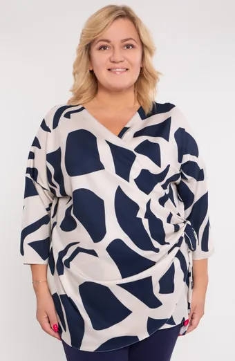 Bluză cu nod și modele bej și bleumarin
