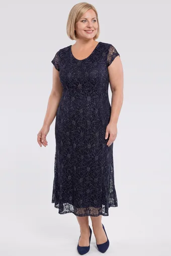 Rochie lungă bleumarin cu flori placate cu argint