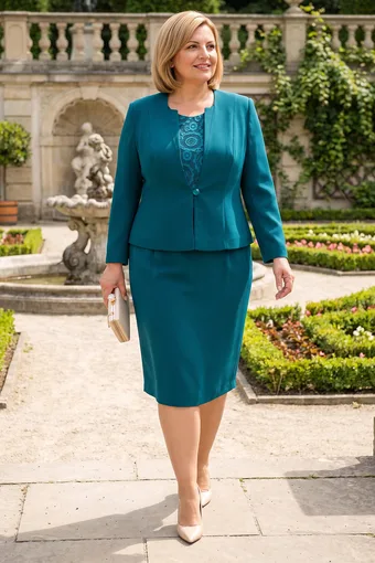 Costum verde cu peplum, trei piese