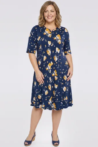 Rochie bleumarin cu flori galbene