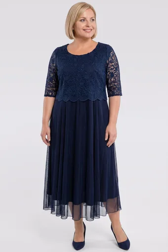 Rochie bleumarin din plasă cu dantelă