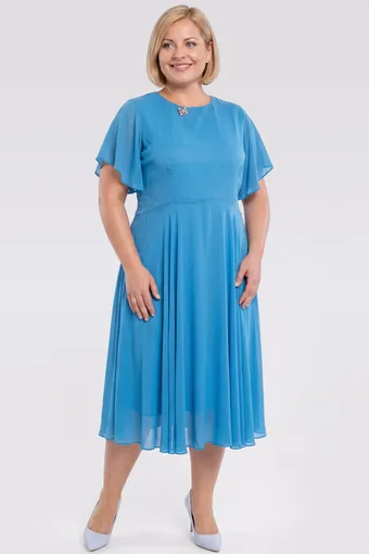 Rochie albastră din șifon cu broșă