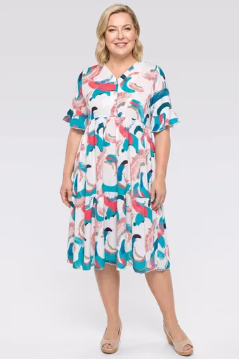 Rochie albă cu modele turcoaz și roșii