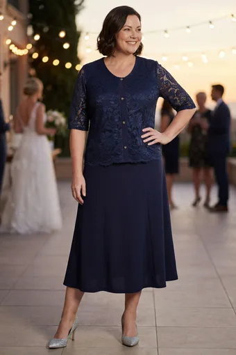 compleu de dantelă bleumarin cu nasturi decorativi