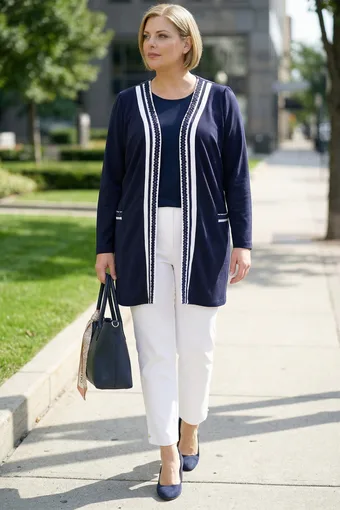 cardigan bleumarin cu inserții brodate albe