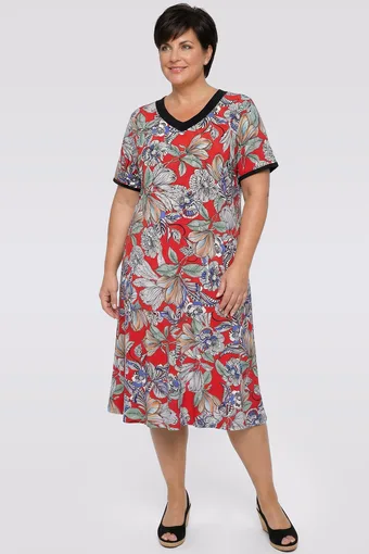 Rochie roșie cu frunze pastelate