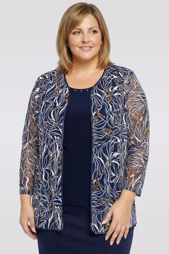 Bluză și cardigan bleumarin cu modele caramel și albe