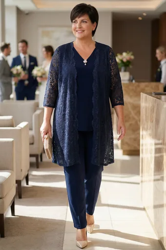 compleu bleumarin cu cardigan din dantelă
