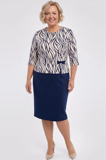 Rochie bleumarin cu fundă în modele bej și bleumarin