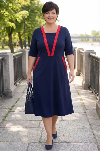 Rochie bleumarin cu decolteu roșu