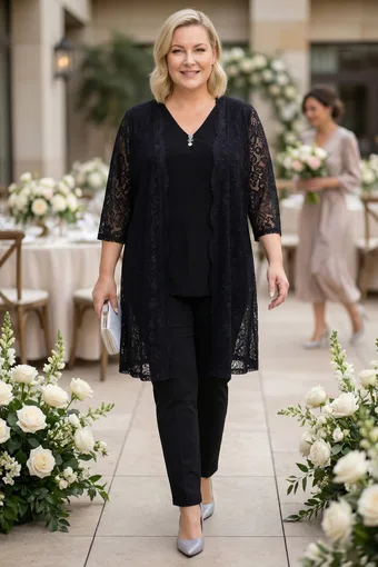 compleu negru cu cardigan din dantelă