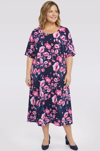 Rochie bleumarin cu flori roz