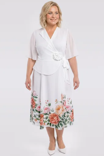 rochie cu flori și sacou cu trandafir