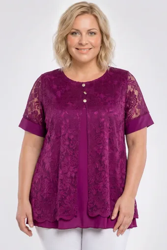 Bluză mov cu cardigan de dantelă și nasturi aurii
