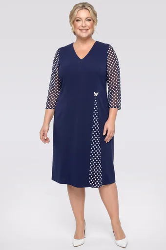 Rochie bleumarin din șifon cu mâneci cu buline
