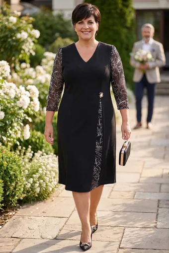 Rochie neagră cu mâneci din șifon și modele bej și albe