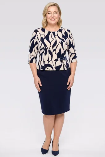 Rochie bleumarin și bej cu fundă și modele bleumarin