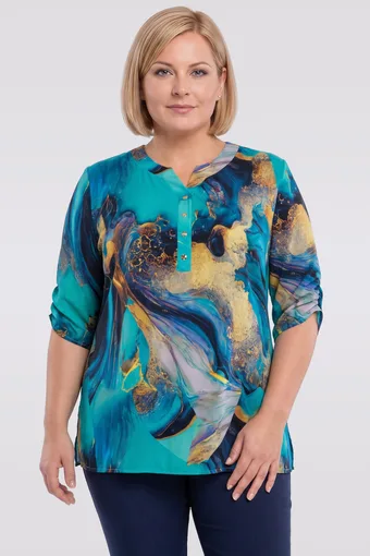 Bluză turcoaz cu modele galbene și bleumarin