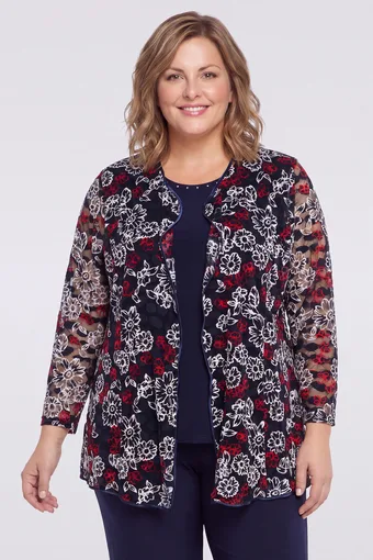 Bluză și cardigan bleumarin închis cu flori roșii și albe