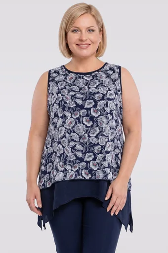 Tunică bleumarin fără mâneci cu flori gri
