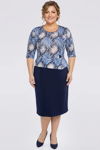 Rochie bleumarin cu peplum în imprimeu leopard și modele albe