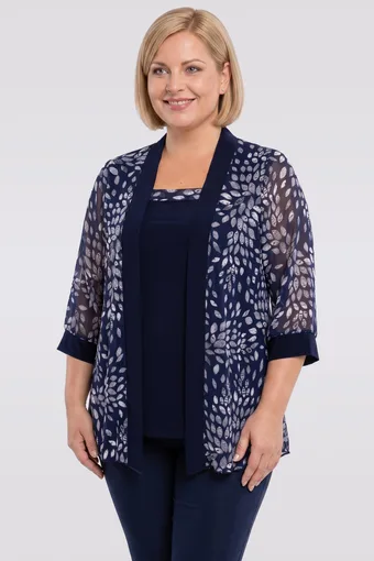 Tunică din cardigan din șifon bleumarin cu frunze albe