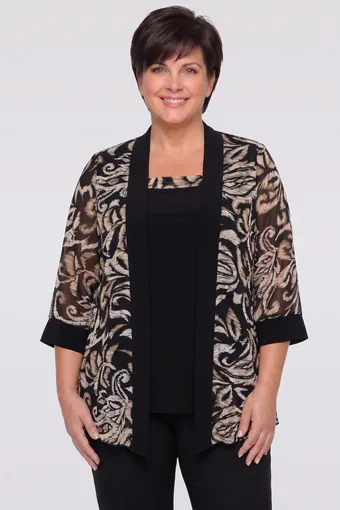 Tunică neagră din cardigan din șifon cu modele bej și maro