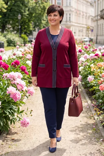 cardigan vișiniu cu curele bleumarin și gri