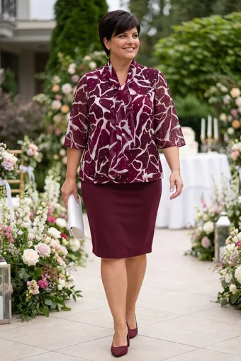 Bluză vișinie cu cravată și modele bej