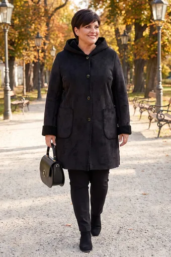 Haină neagră din piele de oaie cu modele