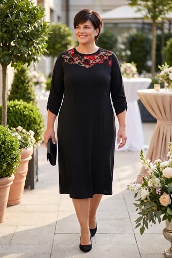 Rochie neagră cu decolteu din dantelă și modele roșii
