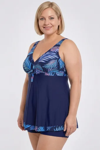 costum de baie de baie bleumarin cu modele tropicale portocalii