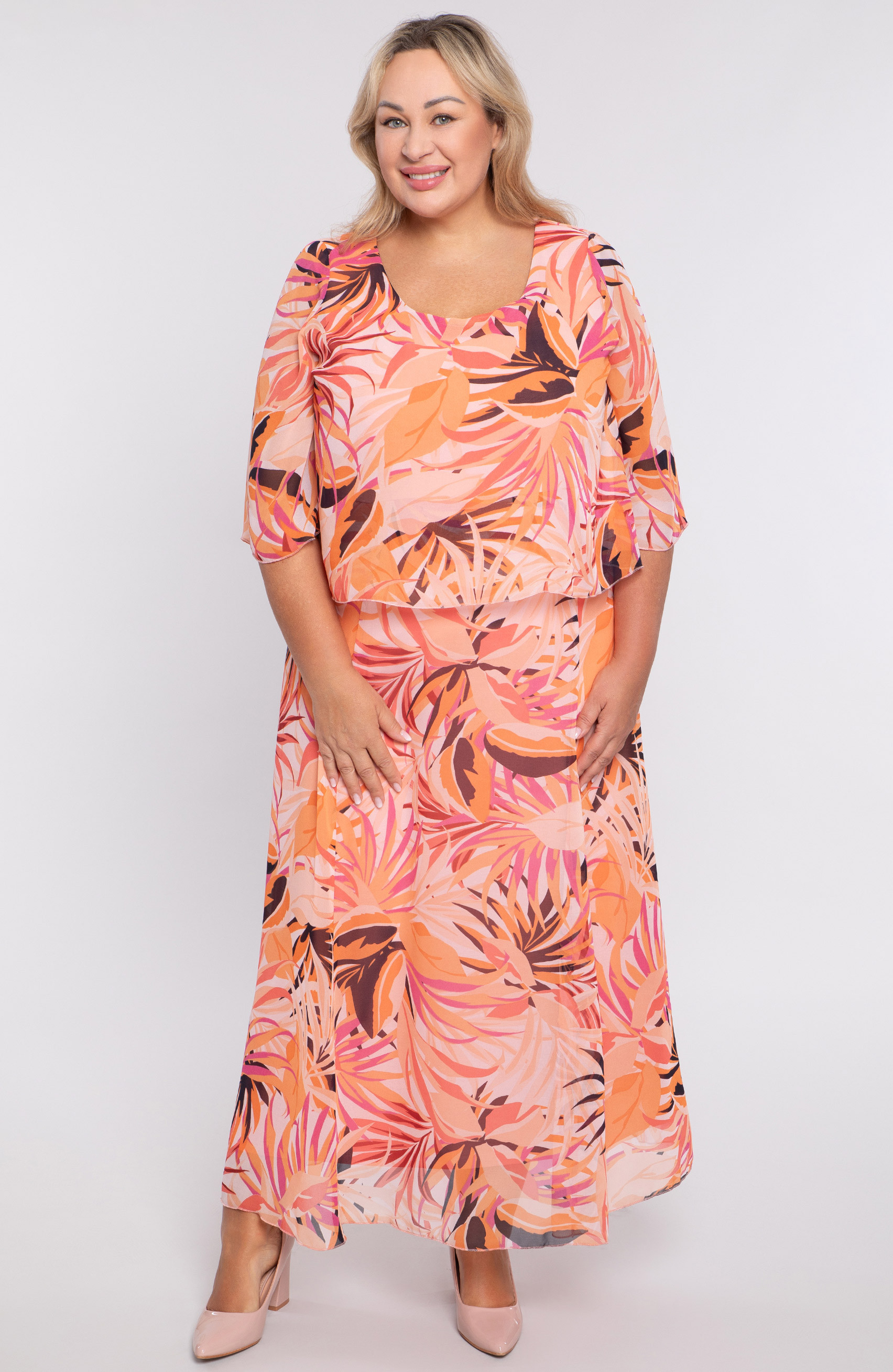 Rochie din sifon portocaliu si roz